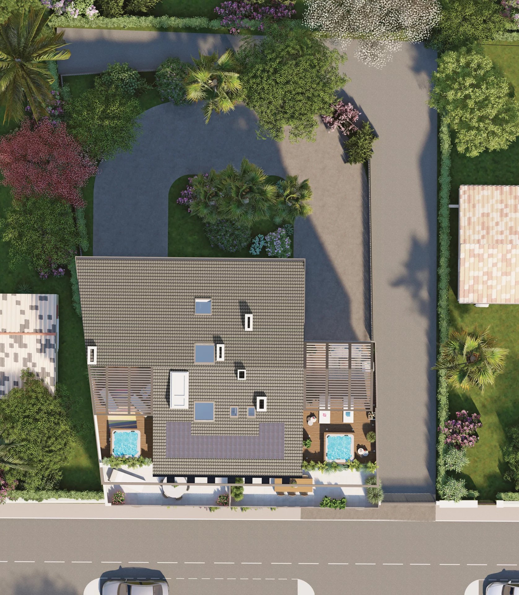Penthouse à Juan-les-Pins Vue aérienne d'une résidence neuve avec toit terrasse et jacuzzi à Juan-les-Pins.