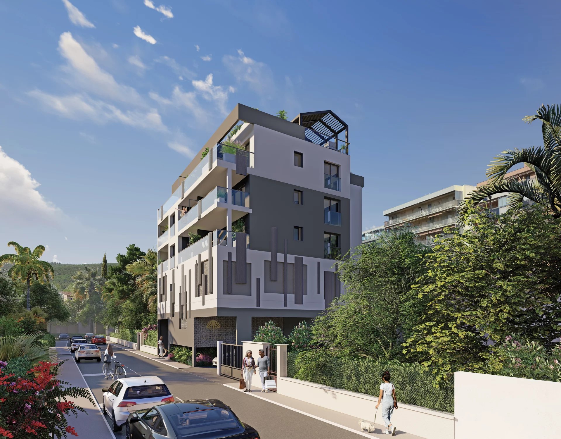 Nouvelle résidence à Juan-les-Pins Résidence neuve à Juan-les-Pins avec architecture moderne et verdure environnante.