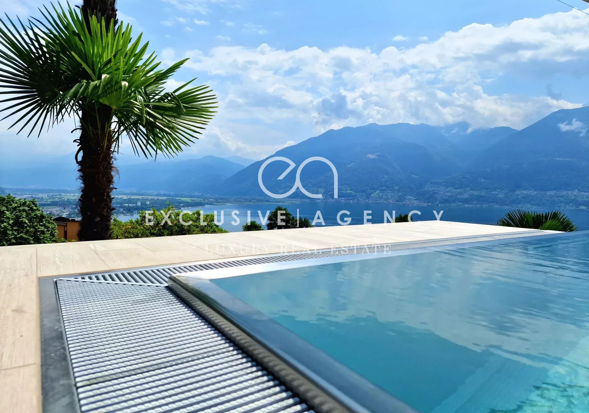 Poolside infinity pool with clear blue water, a wooden deck, and a palm tree overlooking a lake and mountain range under a bright sky.