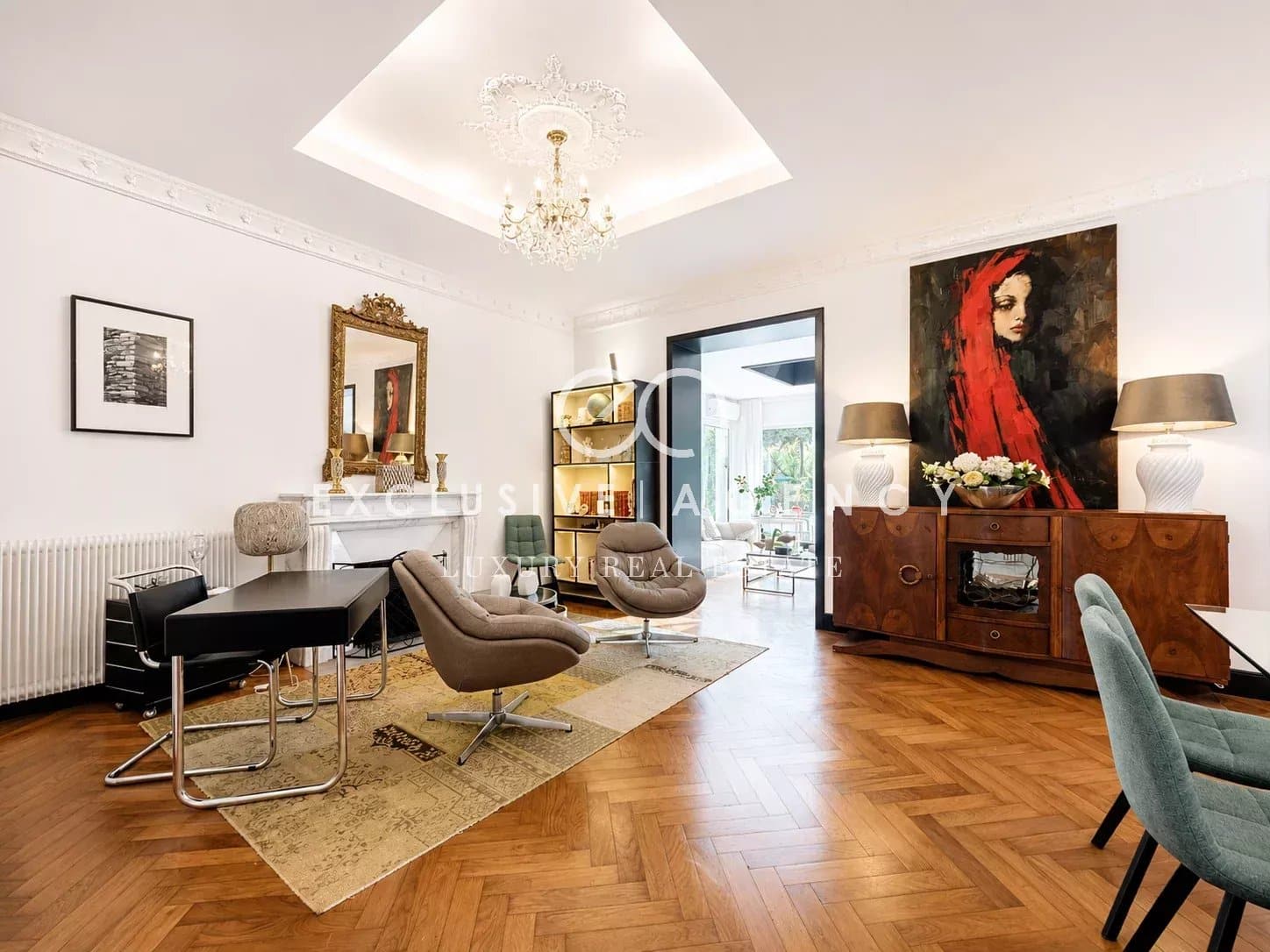 Interior of a bourgeois house in Cannes Interior of a renovated bourgeois house with an elegant living room and contemporary decor.