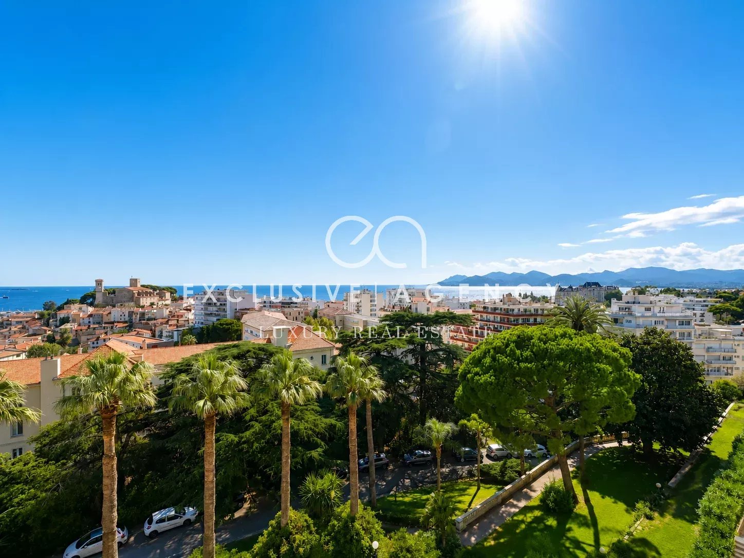 Vue mer panoramique depuis Cannes Vue panoramique sur la mer depuis un appartement à Cannes, avec des palmiers et des bâtiments en arrière-plan.