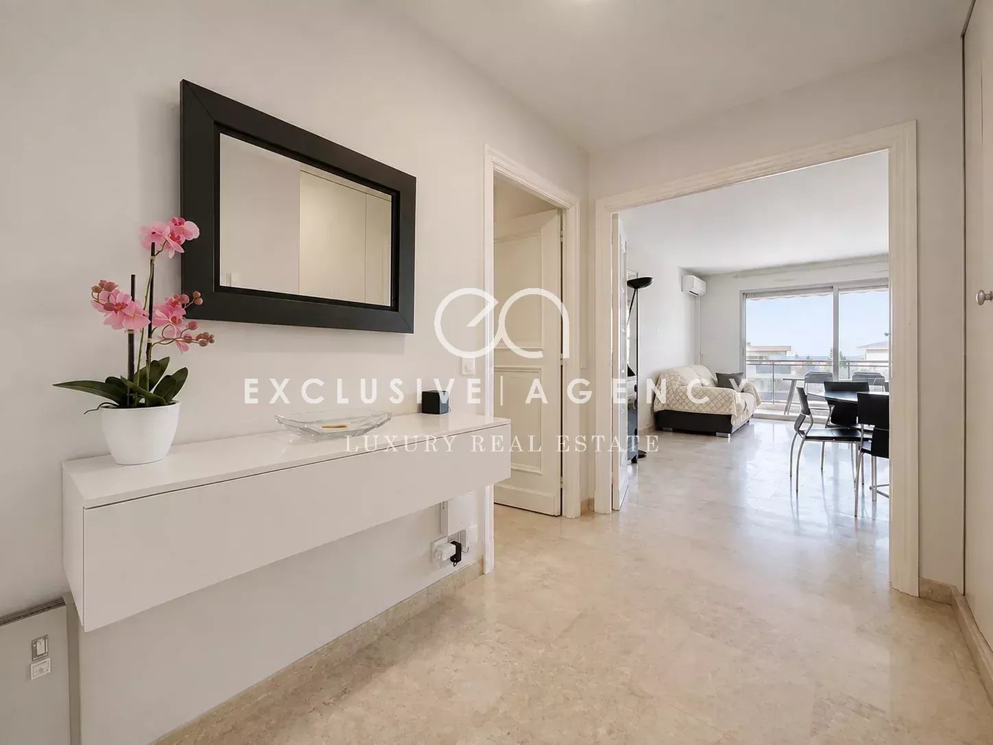 Entrée d’appartement à Cannes Entrée d'un appartement lumineux à Cannes avec un salon visible au fond.