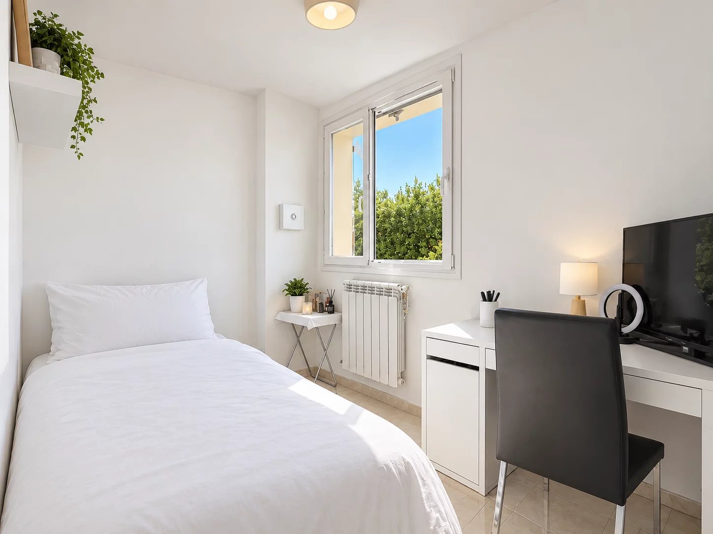 Room in a family home in Cannes Bright room with a single bed, desk and window overlooking a garden.