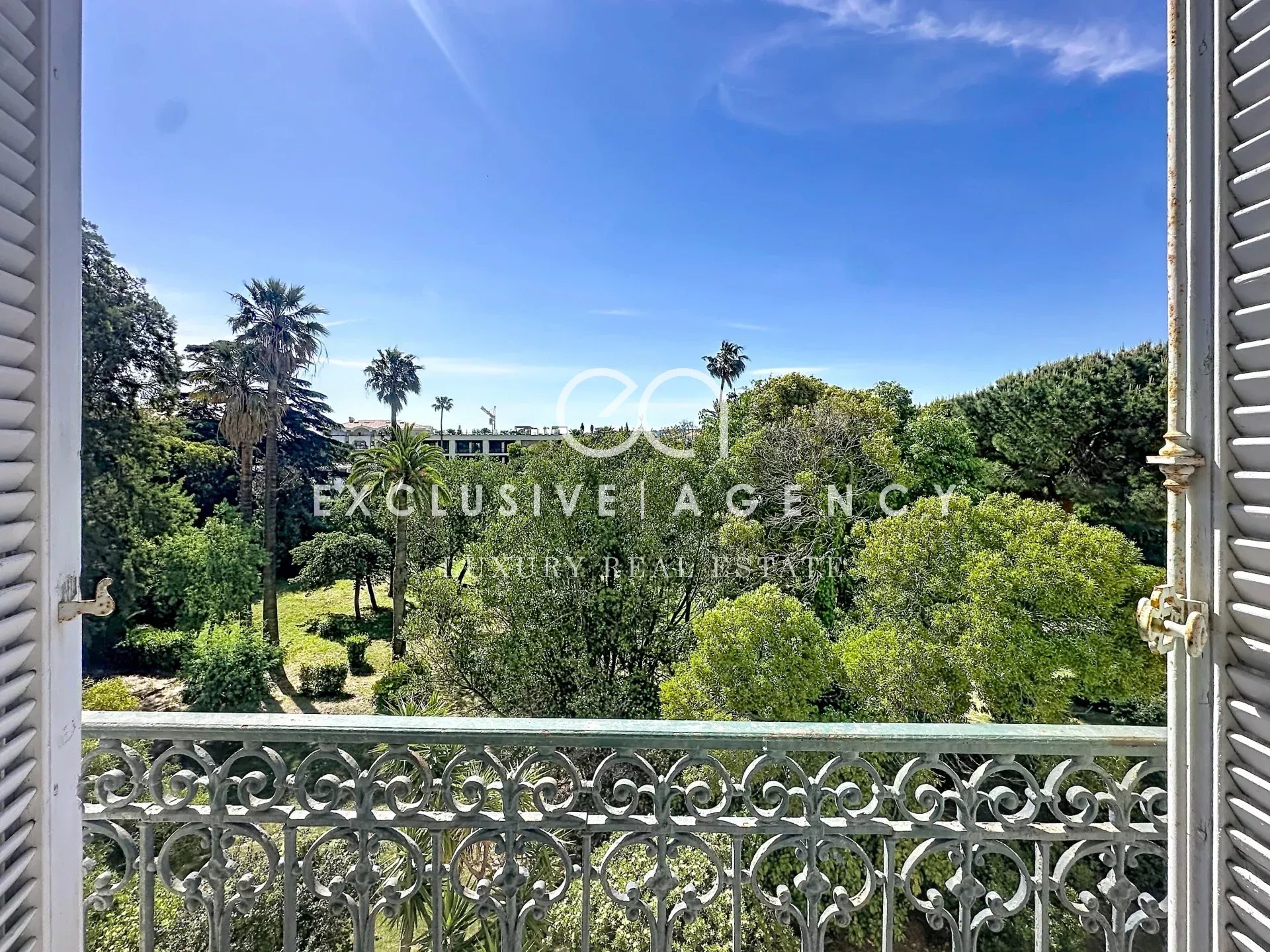 Vue depuis le balcon d’un appartement à Cannes Vue depuis un balcon sur un jardin verdoyant avec des palmiers à Cannes.