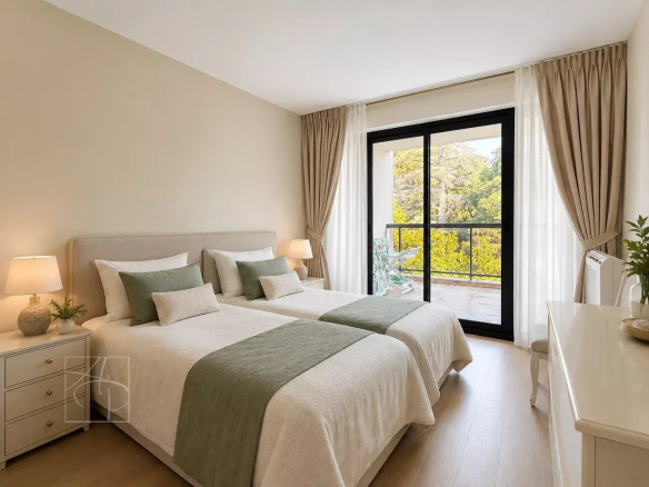 Apartment room with two single beds and access to a balcony.