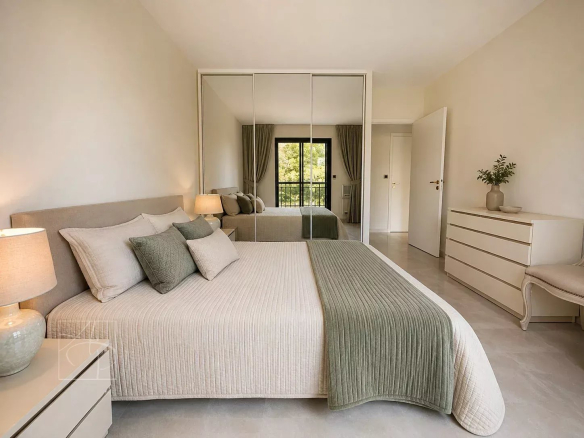 Room in a modern apartment with double bed and mirror, overlooking greenery.