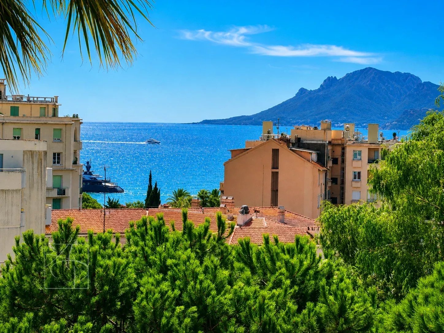 Vue dégagée sur la mer et les montagnes depuis une terrasse à Cannes, entourée de verdure.