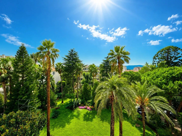 Vue dégagée sur un jardin verdoyant avec des palmiers et la mer au loin à Cannes.