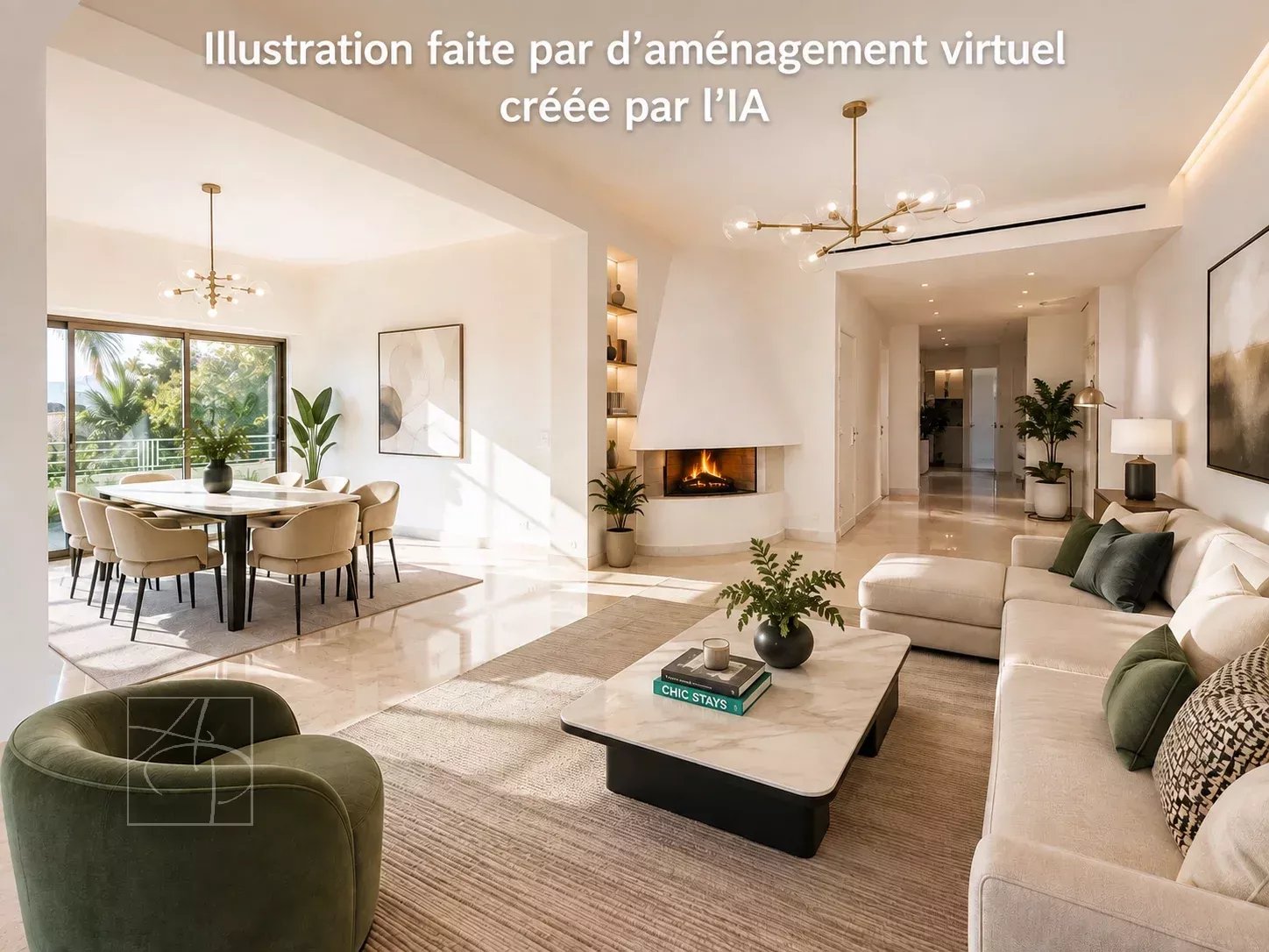 Interior of a modern apartment with living room, dining room and fireplace.