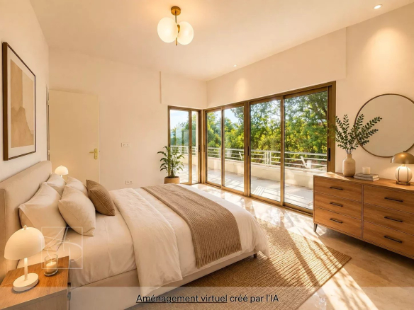 Room in a modern apartment with a view of the terrace and nature in Cannes.
