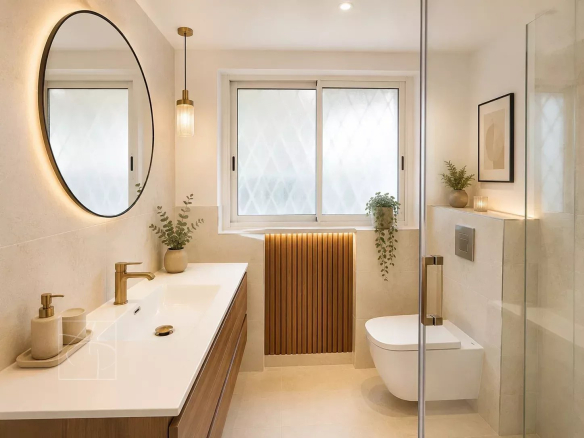 Modern bathroom with sink, round mirror and shower, decorated with plants.