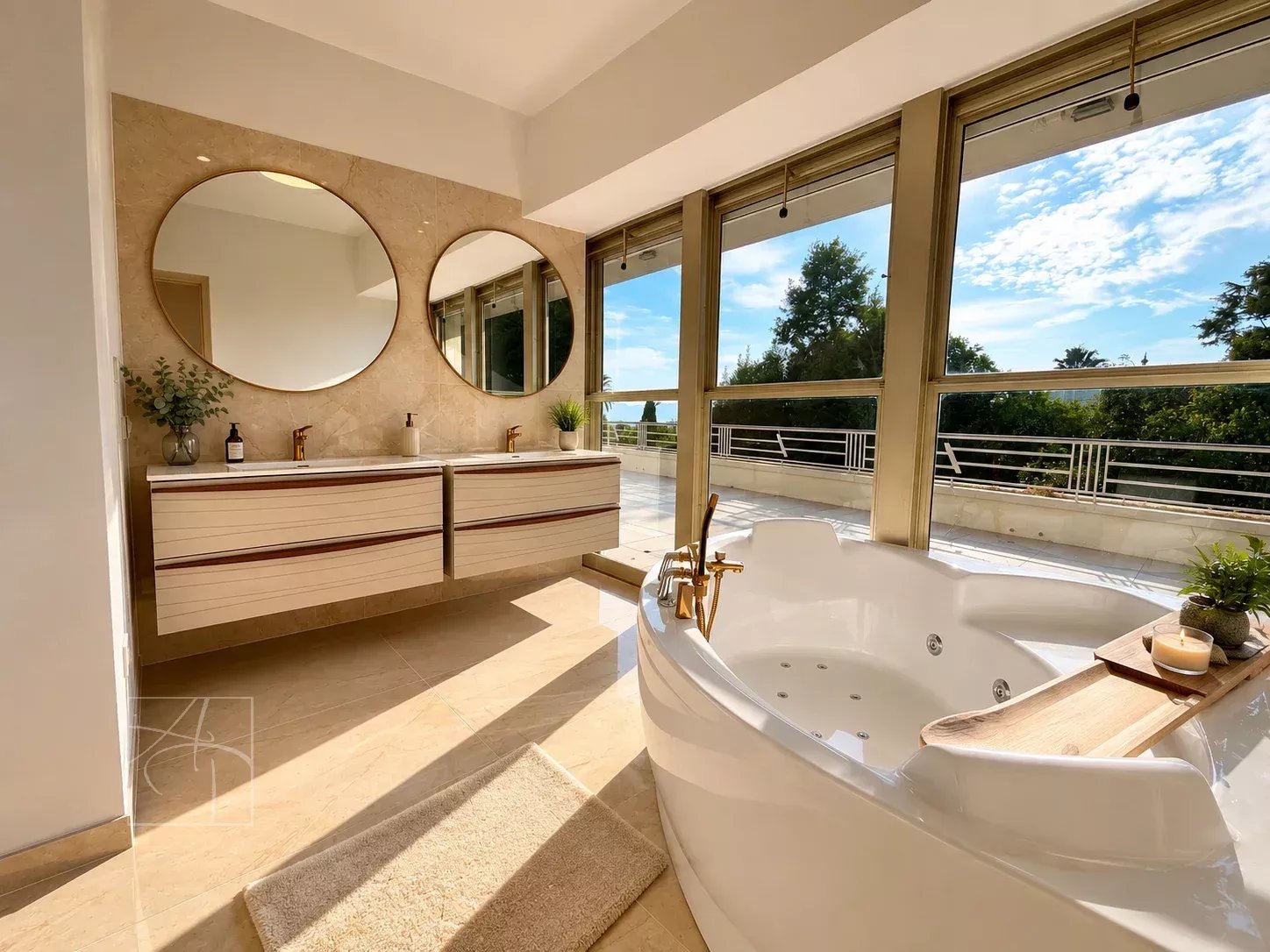 Modern bathroom with bathtub and double sink, large windows offering a view of the outside.