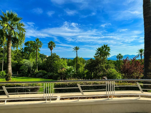 Sea and garden view from a terrace in Cannes, with palm trees and a blue sky.
