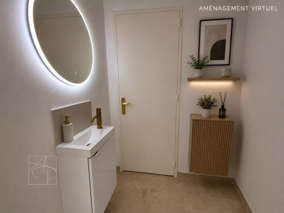 Modern bathroom with round mirror and vanity unit