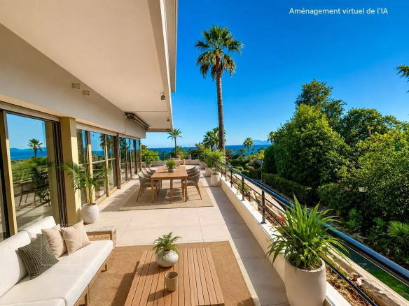 Spacious terrace with sea views in Cannes, surrounded by palm trees and lush greenery.