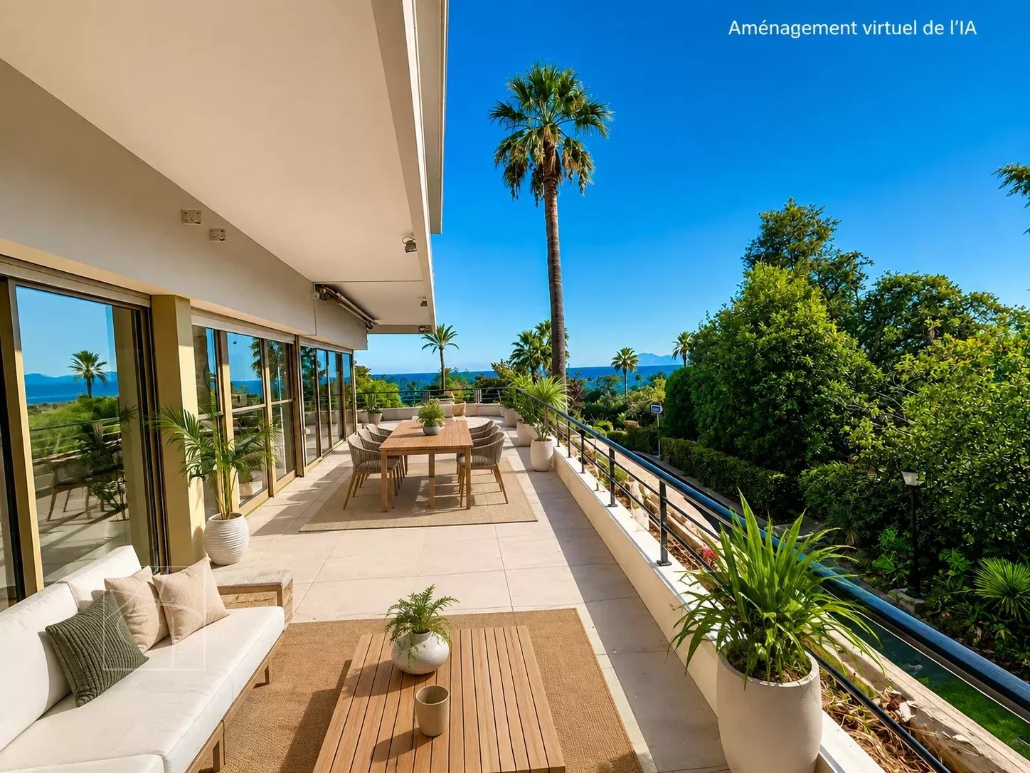 Spacious terrace with sea views in Cannes, surrounded by palm trees and lush greenery.