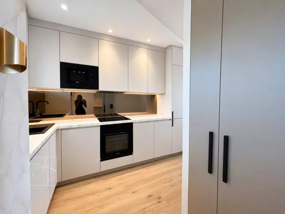 Cuisine moderne d'un appartement à Cannes Montfleury avec équipements récents.