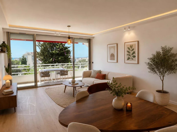 Intérieur d'un appartement moderne avec salon lumineux et terrasse, vue sur la nature.