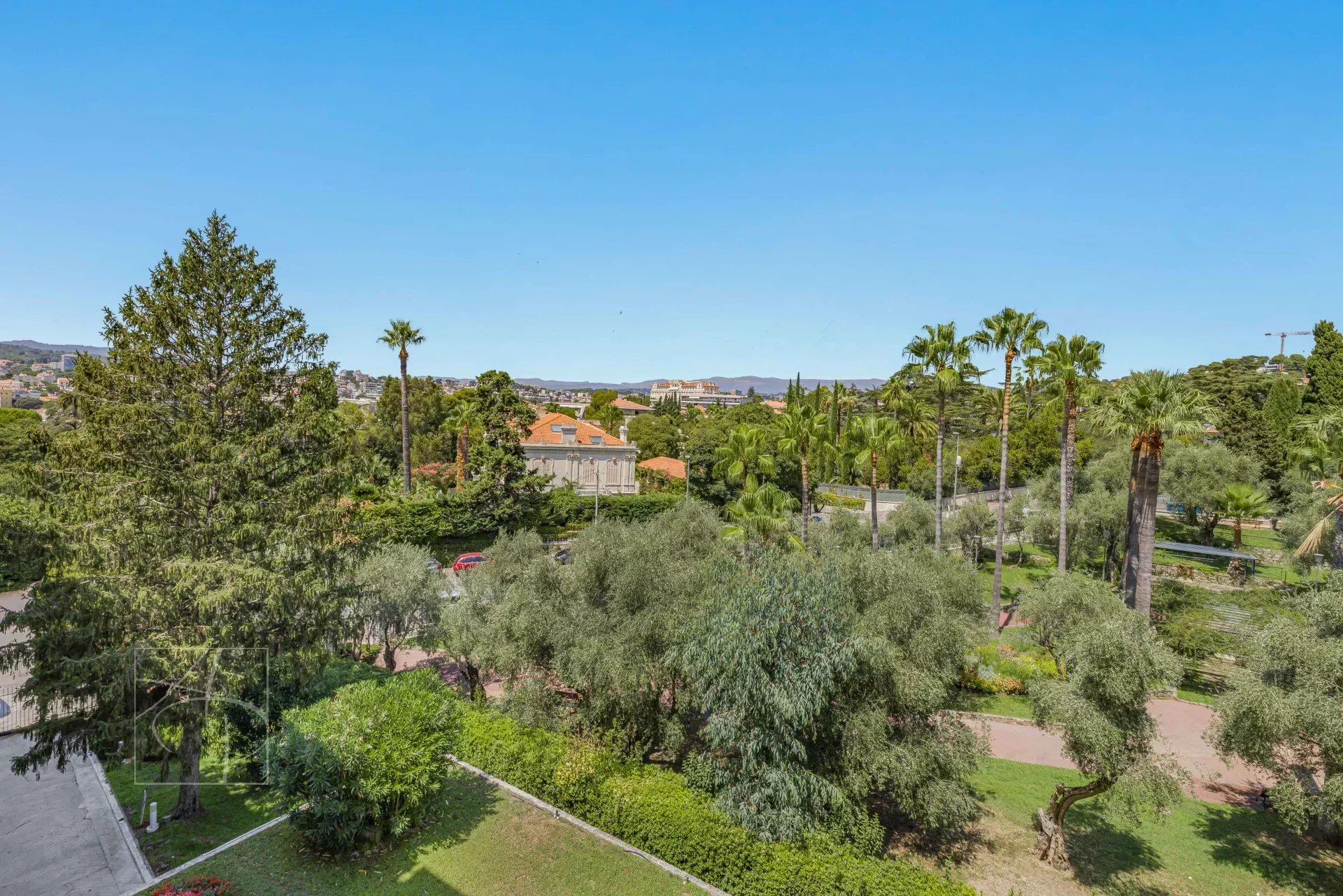 View from the apartment in Cannes View from an apartment with trees and palm trees in a residence in Cannes.