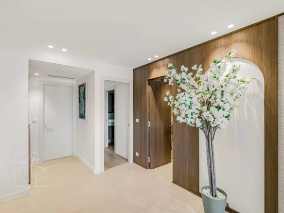 Entrance to a renovated apartment with modern decor and an artificial plant, located in Cannes.