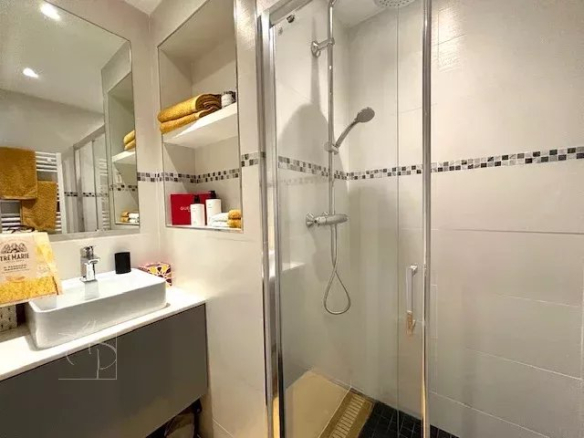 Modern bathroom with walk-in shower and sink in a renovated apartment.