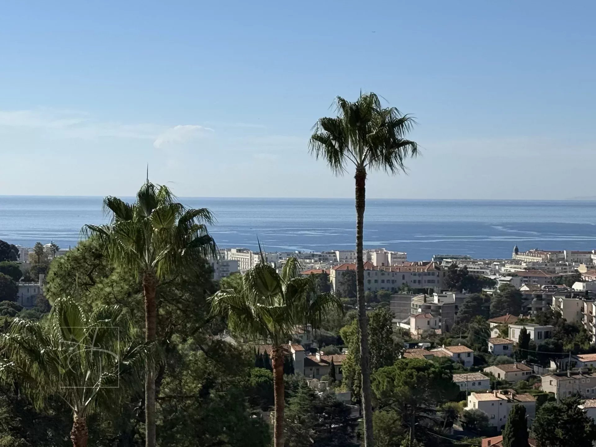 Panoramic sea view in Cannes Panoramic sea view from Cannes with palm trees in the foreground.