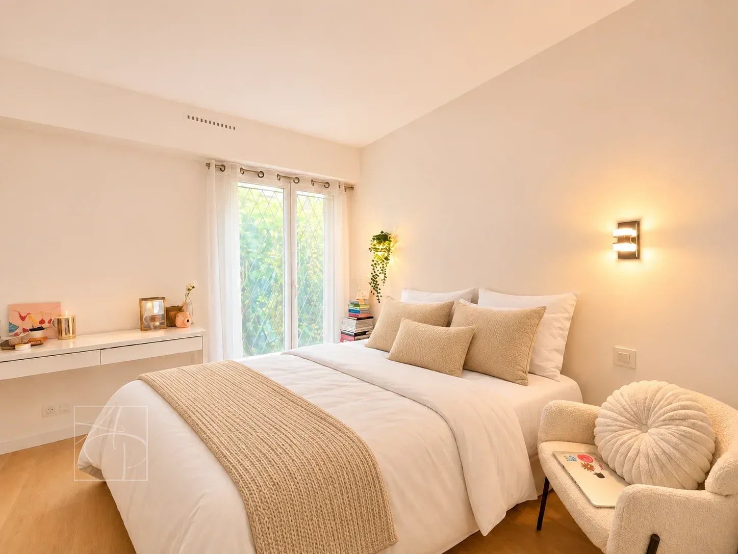 Chambre d'un appartement rénové à Cannes avec lit double et décoration moderne.