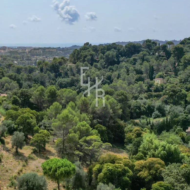Hilly landscape densely forested with evergreens, scattered houses, and a distant coastline under a blue sky out to the horizon.