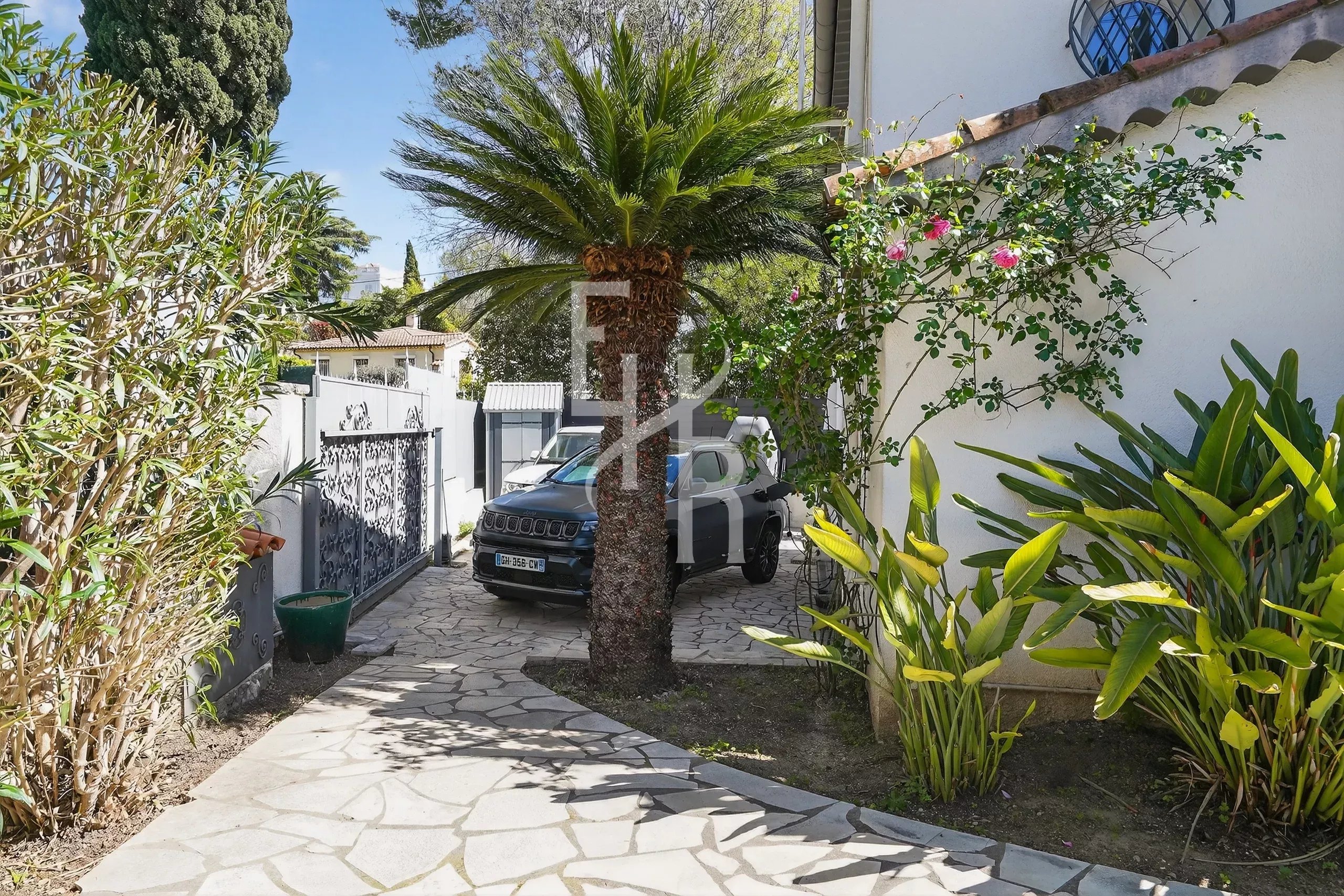 Stone-paved driveway with a central palm tree and a dark SUV parked near a white wall.