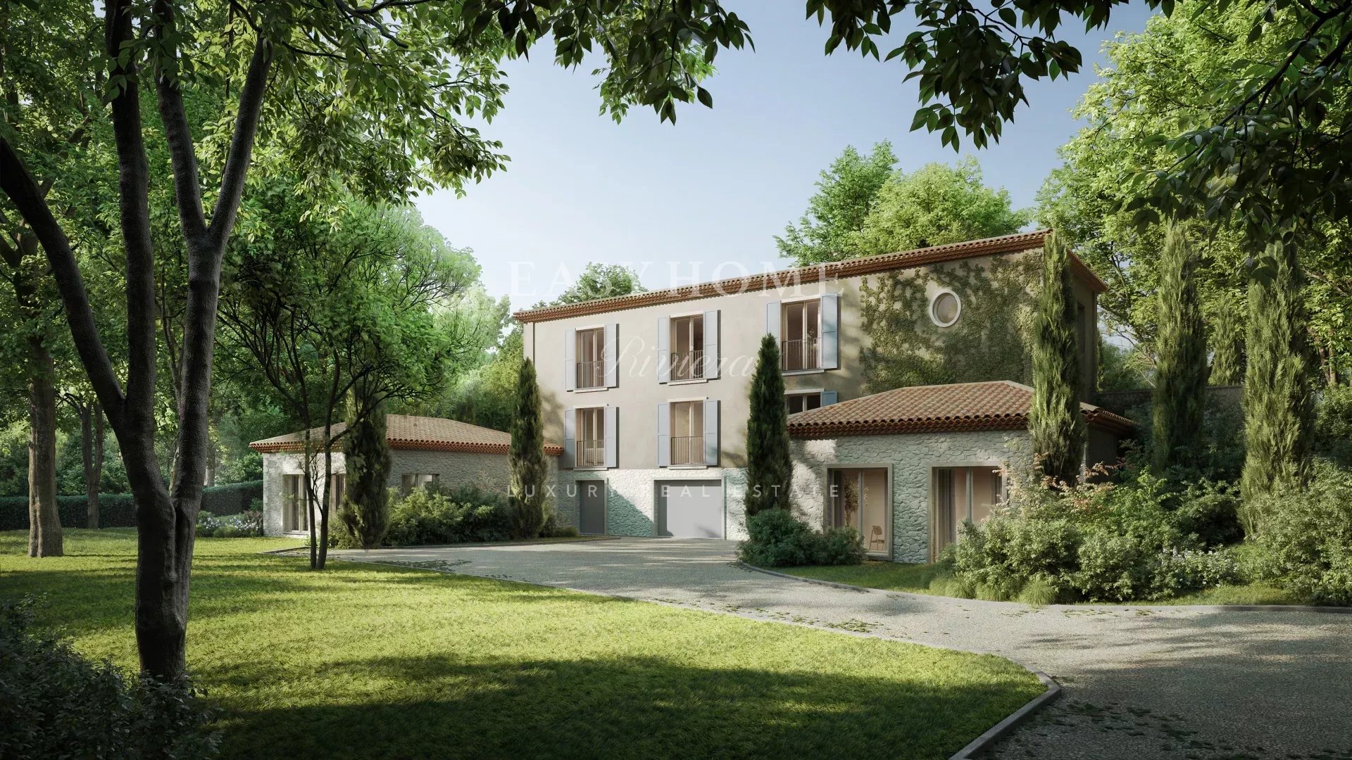 Villa à Mougins dans un domaine résidentiel Vue extérieure d'une villa dans un domaine résidentiel à Mougins, entourée de jardins paysagers.