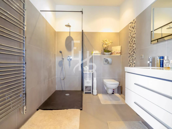 Modern bathroom with walk-in shower and vanity unit.