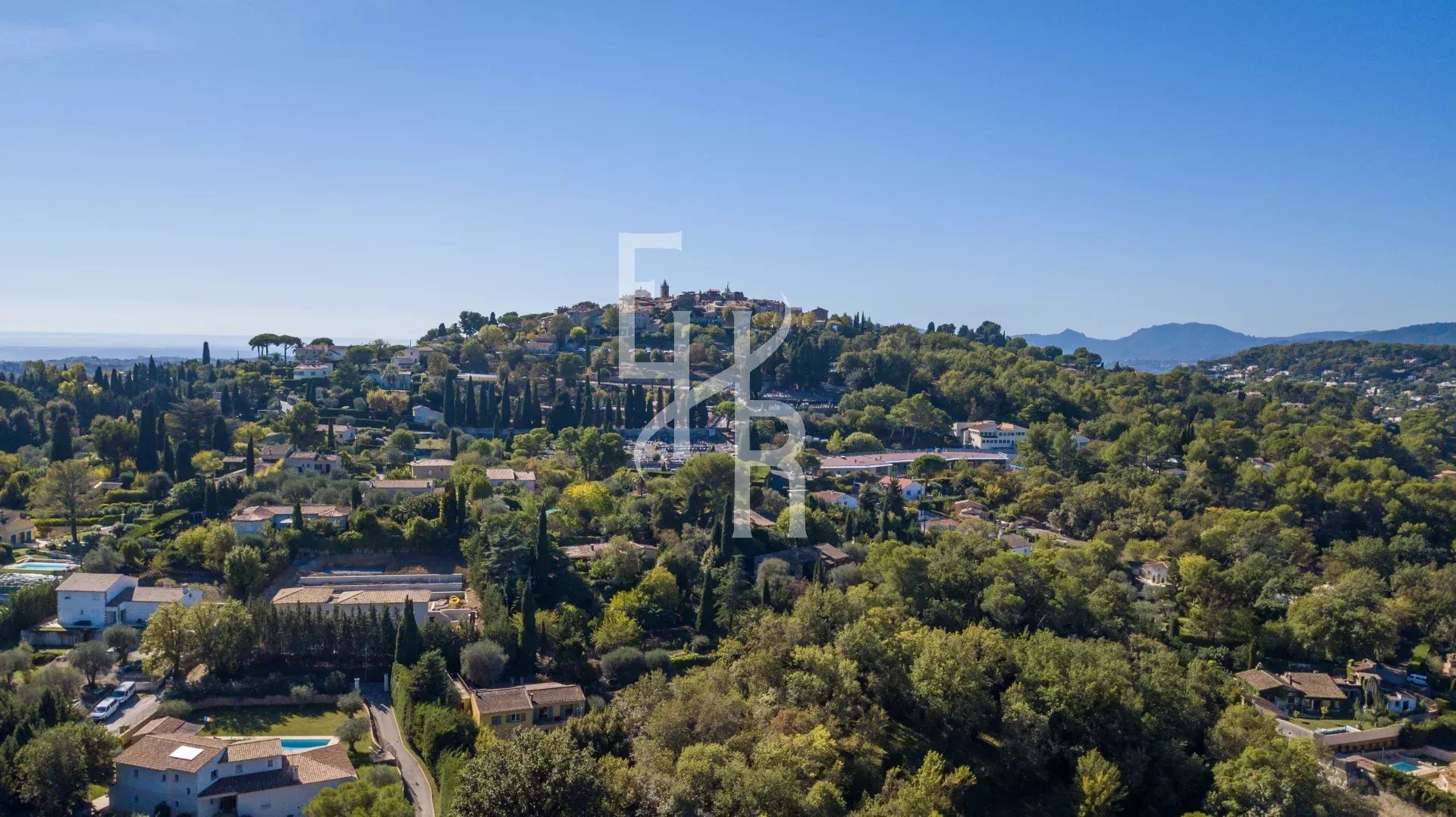 View of the village of Mougins Panoramic view of the village of Mougins and the surrounding countryside.