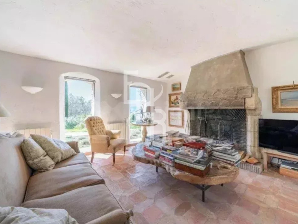 Intérieur d'une maison provençale en pierre avec cheminée et salon lumineux.