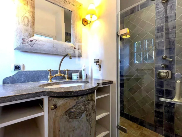 Salle de bain avec douche et lavabo dans une maison provençale à Mougins.