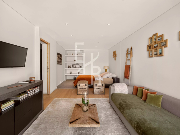 Interior of a modern villa with a bright living room, sofa and elegant decor.