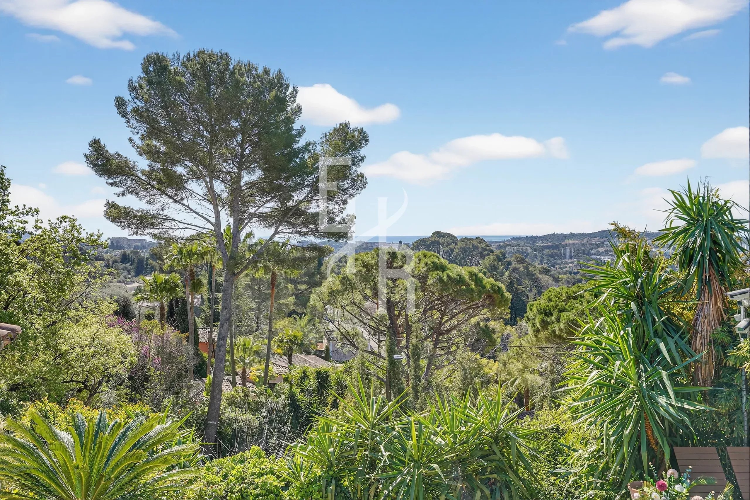 Sea view from a Provençal villa in Mougins Unobstructed view of the sea and surrounding vegetation from a villa in Mougins.
