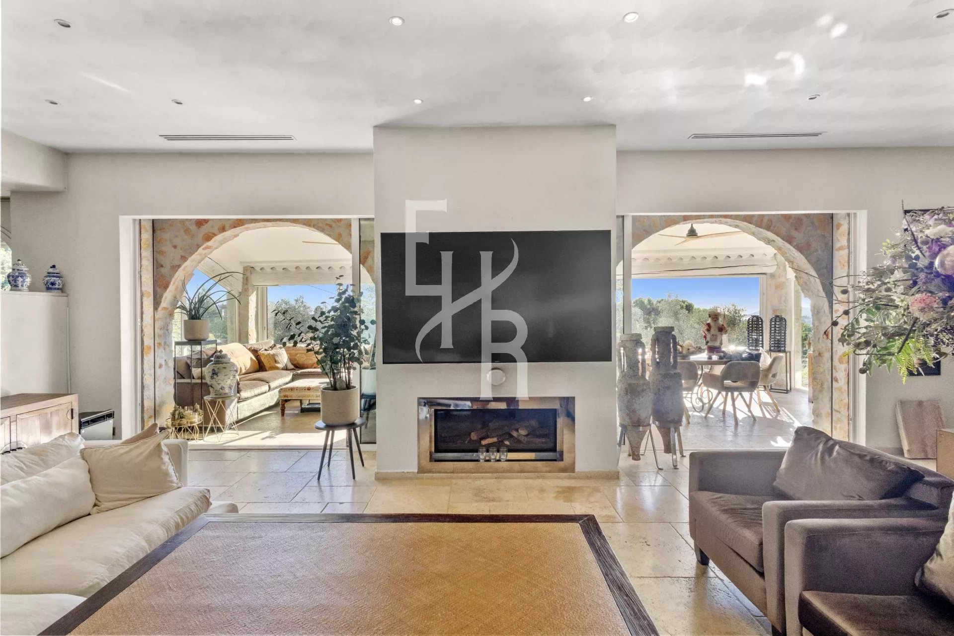 Interior of a Provençal villa in Mougins Interior of a Provençal villa in Mougins with sea view, bright living room and open living space.