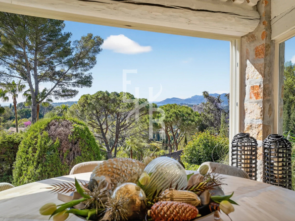 View from a Provençal villa with interior decoration and green landscape in the background.