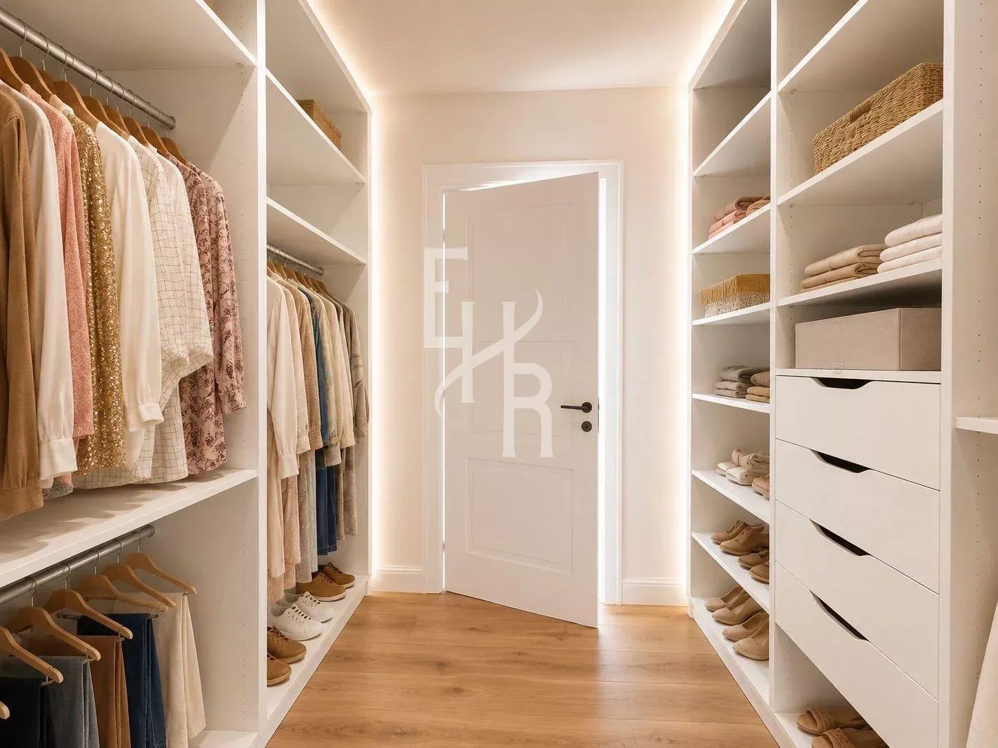 Spacious dressing room with shelves and wardrobes, soft lighting.