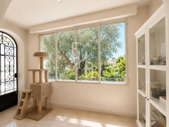 Interior of an apartment in Cannes with large windows and a tree visible outside.