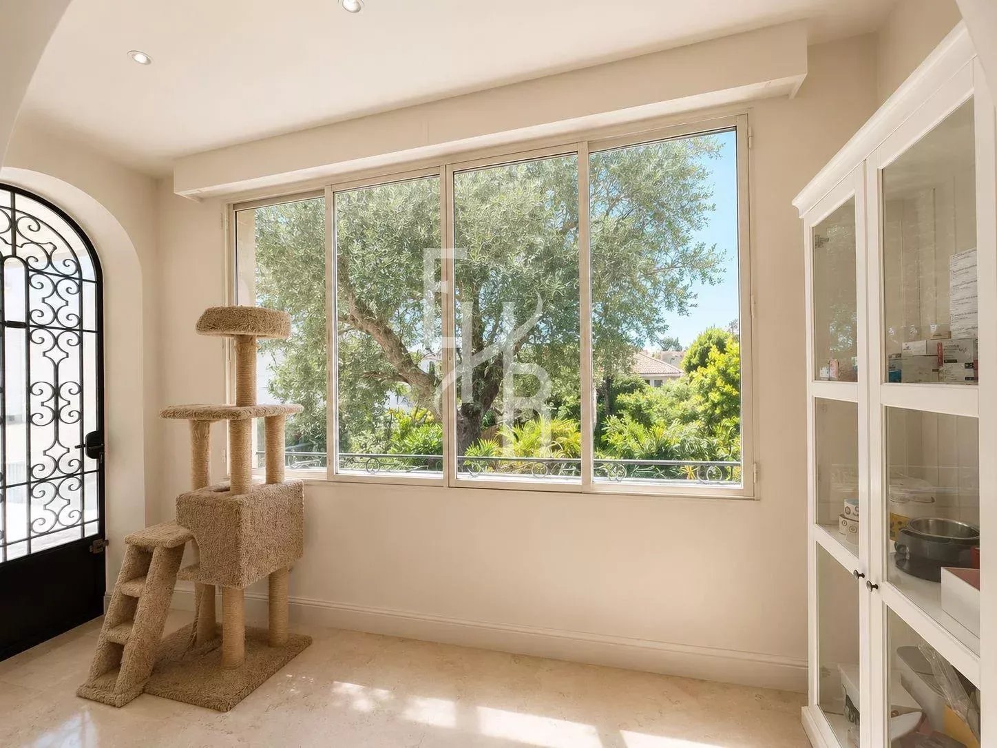 Interior of an apartment in Cannes with large windows and a tree visible outside.