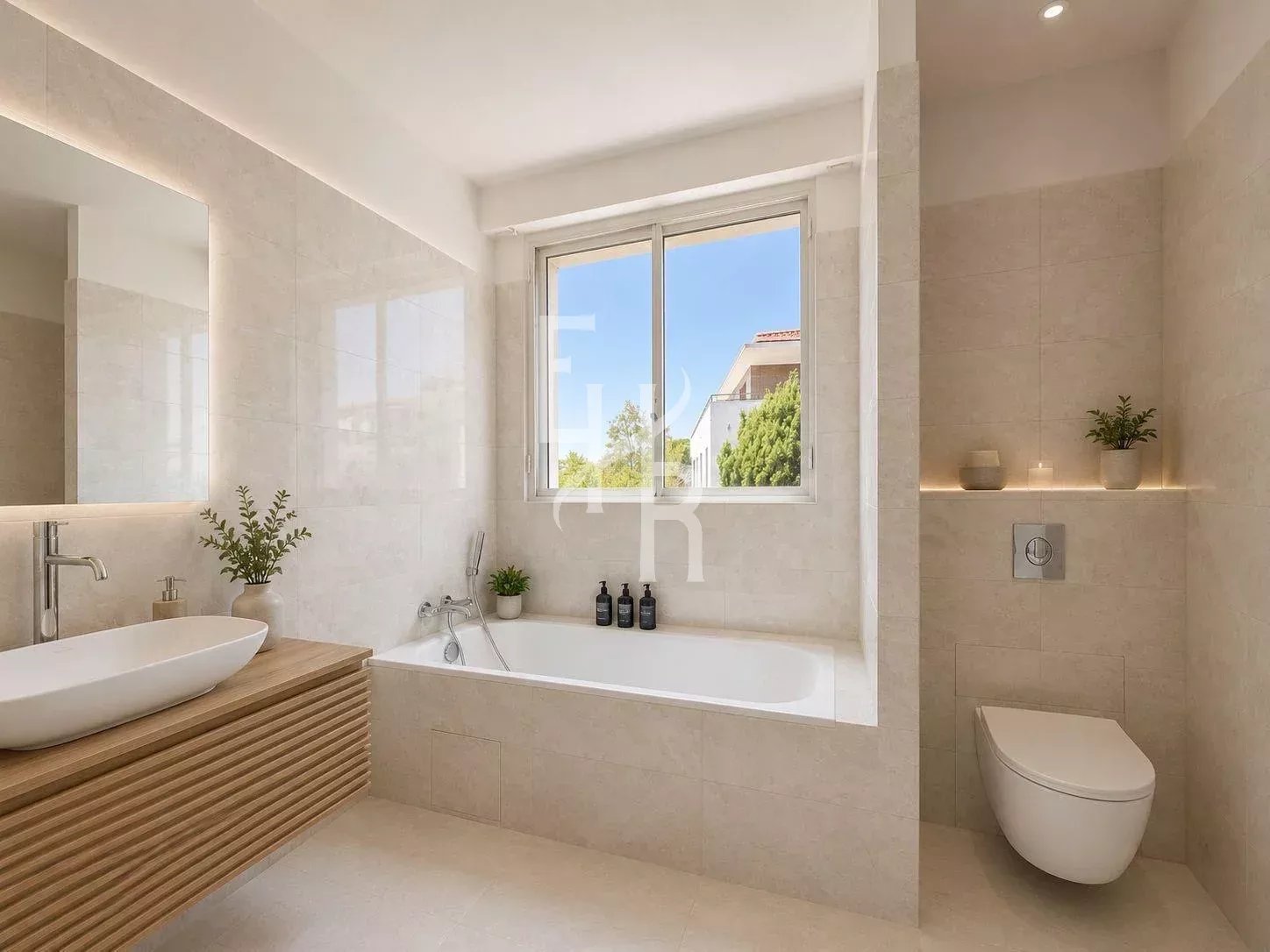 Modern bathroom with bathtub, wooden sink and toilet, natural light