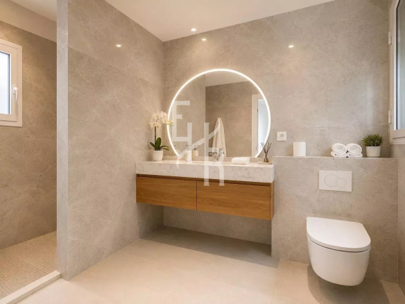 Modern bathroom with wooden furniture, illuminated round mirror and shower.
