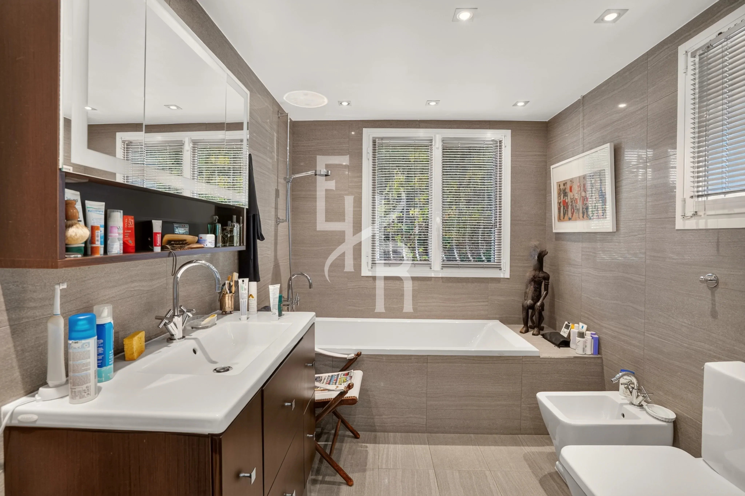 Salle de bain élégante Salle de bain moderne avec baignoire, lavabo et décoration sobre.