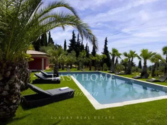 View of an estate of three luxury villas with swimming pool and palm trees in Grasse.