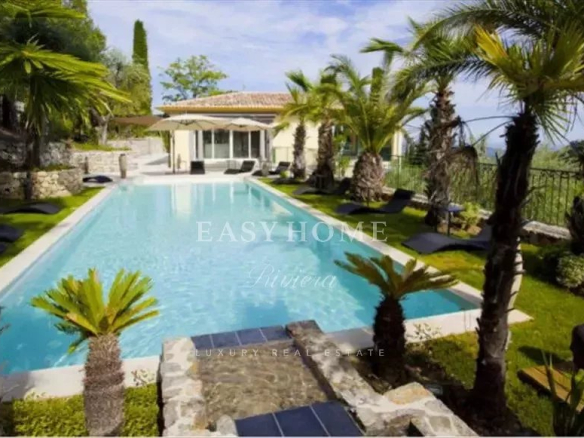 View of a swimming pool surrounded by palm trees and greenery in a villa estate in Grasse.