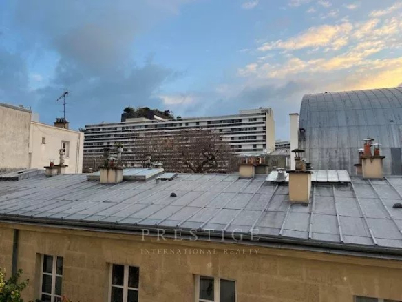 Vue sur des toits d'immeubles à Paris, avec ciel nuageux et arbres visibles.