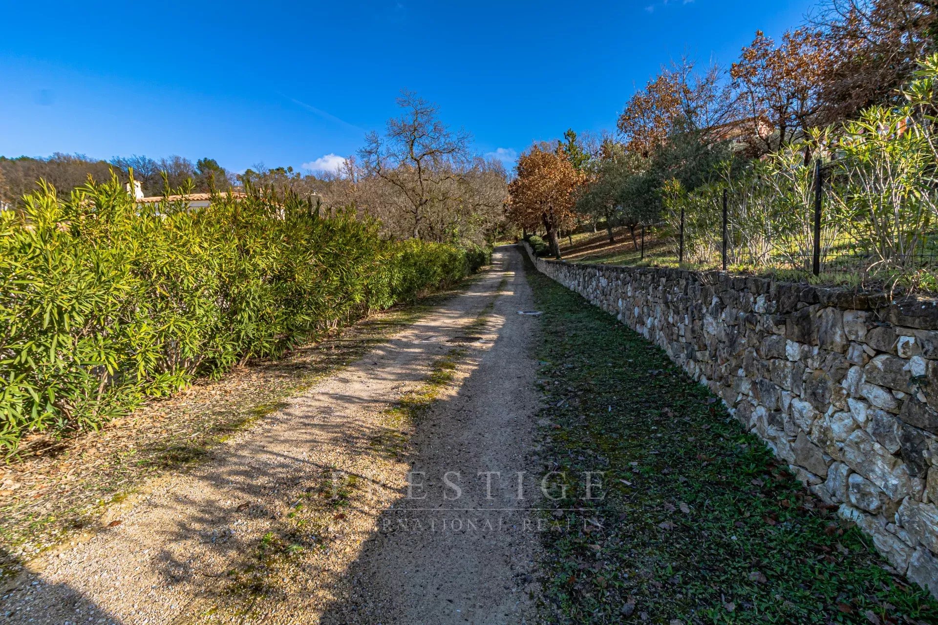 Terrain à bâtir à Châteauneuf-Grasse Chemin menant à un terrain à bâtir à Châteauneuf-Grasse, entouré de verdure et de murs en pierre.