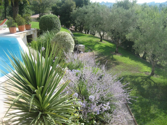 View of the garden and swimming pool of a villa in Châteauneuf-Grasse, with plants and trees.