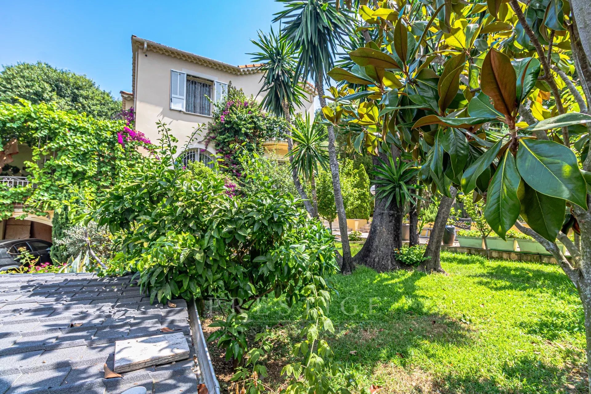 Villa luxueuse au Cap d’Antibes Vue d'une villa luxueuse entourée de verdure au Cap d'Antibes.